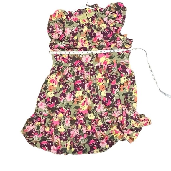 Green Floral Print Ruched Flutter Sleeve Frilled Neck Mini Dress size large NWOT - Picture 6 of 7